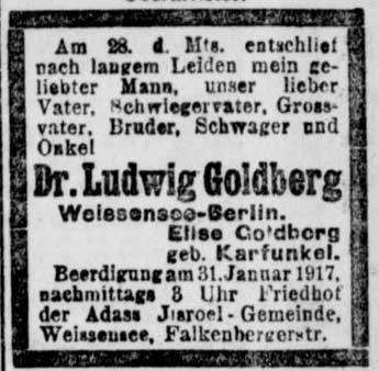 Todesanzeige Ludwig Goldberg aus dem Berliner Tageblatt, 31.01.1917